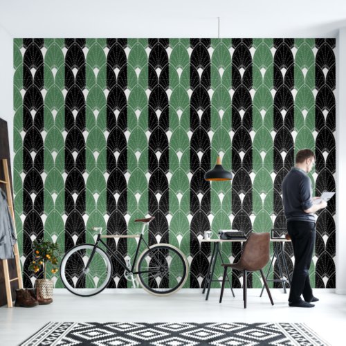White Art Deco Pattern on green black stripes Wallpaper