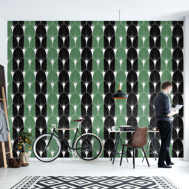 White Art Deco Pattern on green black stripes Wallpaper (Living Room)