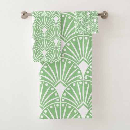 White Art Deco pattern on light green background Bath Towel Set
