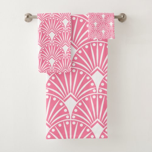 White Art Deco pattern on pink background Bath Towel Set