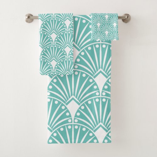 White Art Deco pattern on turquoise background Bath Towel Set