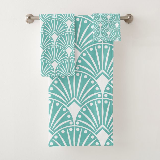 White Art Deco pattern on turquoise background Bath Towel Set (Insitu)