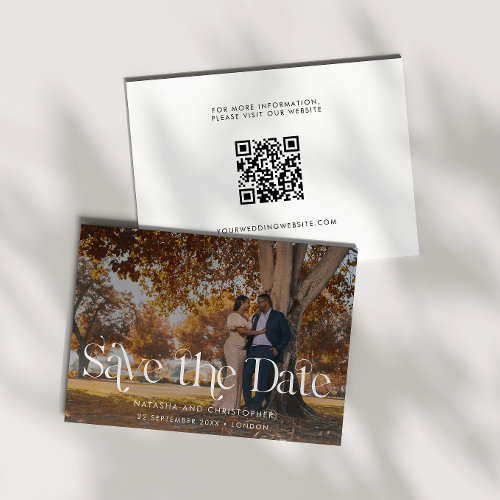 White Art Deco Typography QR Code Overlay Photo Save The Date