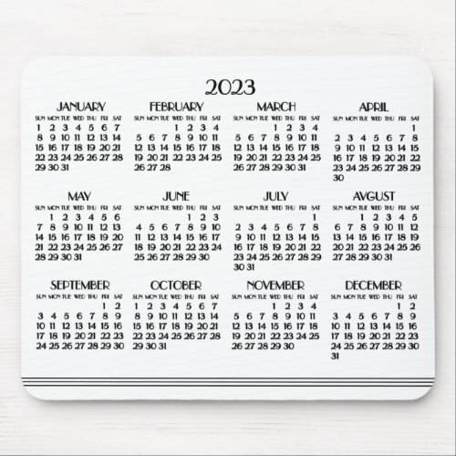 White Art Deco Yearly Calendar 2023 Mouse Pad