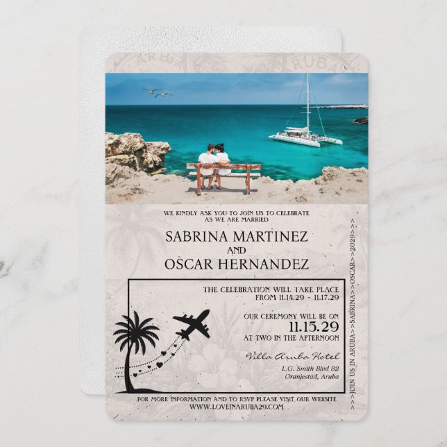 White Aruba Passport Wedding Invitation (Front/Back)