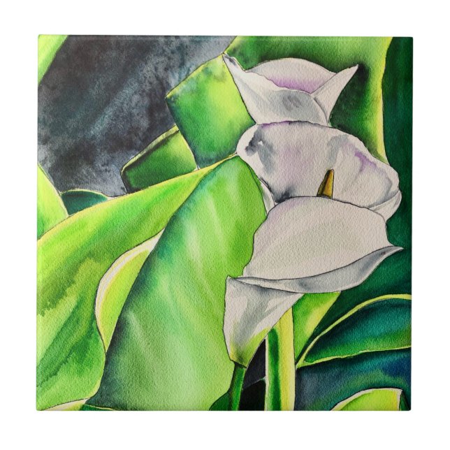White Arum Lily watercolor tropical floral Ceramic Tile (Front)