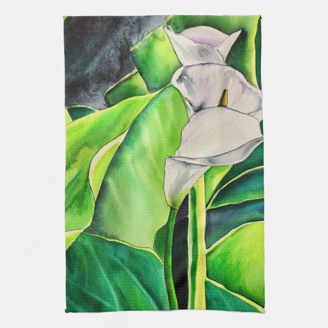 White Arum Lily watercolor tropical floral Kitchen Towel (Vertical)