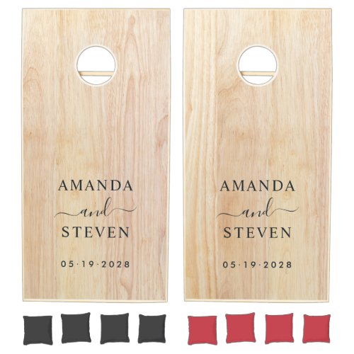 White Ash Wood Couple Names with Wedding Date Cornhole Set