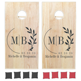 White Ash Wood Leaf Wedding Monogram Cornhole Set