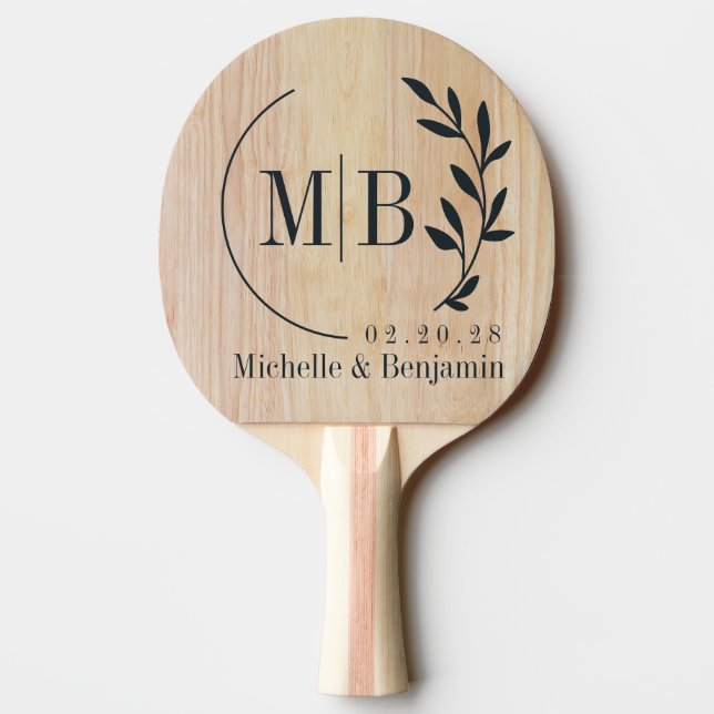 White Ash Wood Leaf Wedding Monogram Ping Pong Paddle (Back)