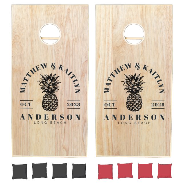 White Ash Wood Tropical Pineapple Wedding Crest Cornhole Set (Set)