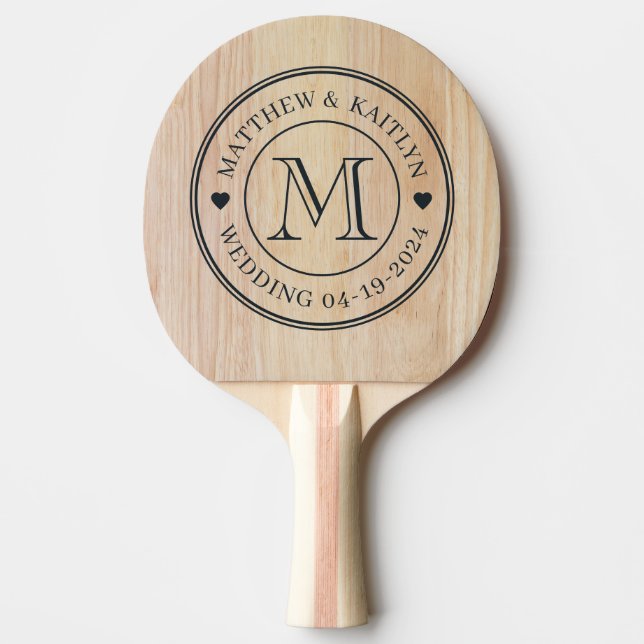 White Ash Wood  Wedding Monogram Heart Ping Pong Paddle (Front)