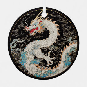 White Asian Dragon and Clouds Metal Ornament