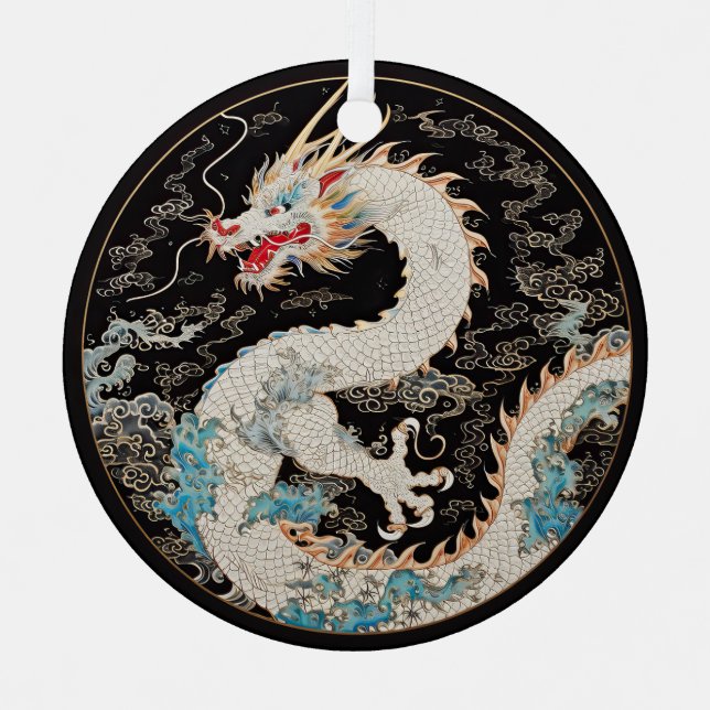 White Asian Dragon and Clouds Metal Ornament (Front)