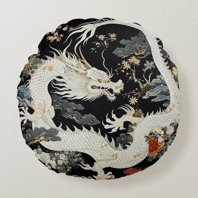 White Asian Dragon Round Throw Pillow (Front)