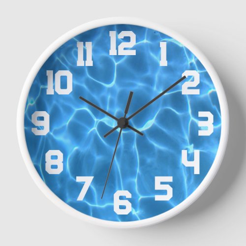 White Athletic Numbers Aqua Blue Swimming Pool Clock