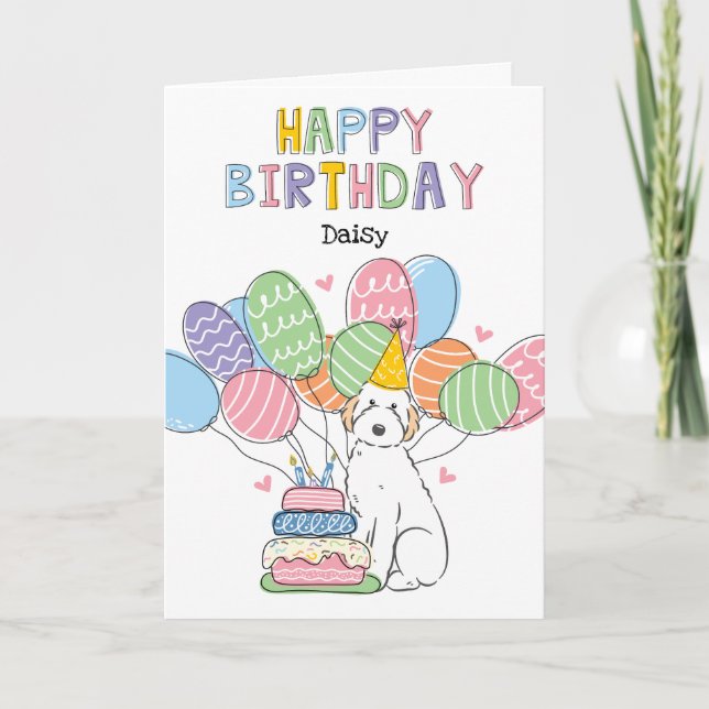 White Aussiedoodle Dog Happy Birthday Card (Front)