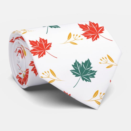 White Autumn Fall Red Green Gold Leaves Pattern Neck Tie