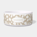White Autumn Leaves Pattern On Beige & Pet's Name Bowl<br><div class="desc">Pattern of white silhouette style leaves on a beige background color. There is also a personalizable text area for a name.</div>