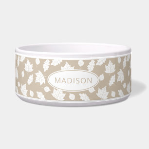 White Autumn Leaves Pattern On Beige & Pet's Name Bowl