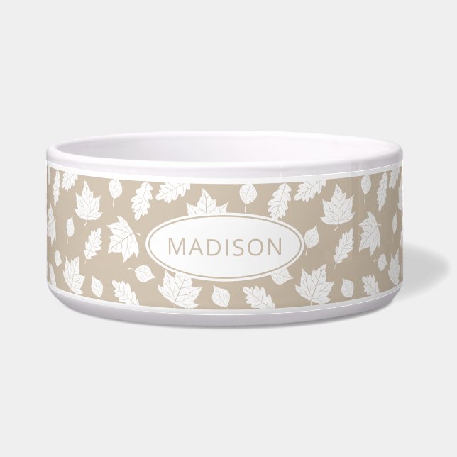 White Autumn Leaves Pattern On Beige & Pet's Name Bowl (Front)
