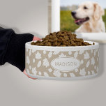 White Autumn Leaves Pattern On Beige & Pet's Name Bowl<br><div class="desc">Pattern of white silhouette style leaves on a beige background color. There is also a personalizable text area for a name.</div>