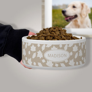 White Autumn Leaves Pattern On Beige &amp; Pet's Name Bowl