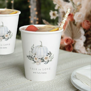 White Autumn Pumpkin Greenery Baby Shower Paper Cups