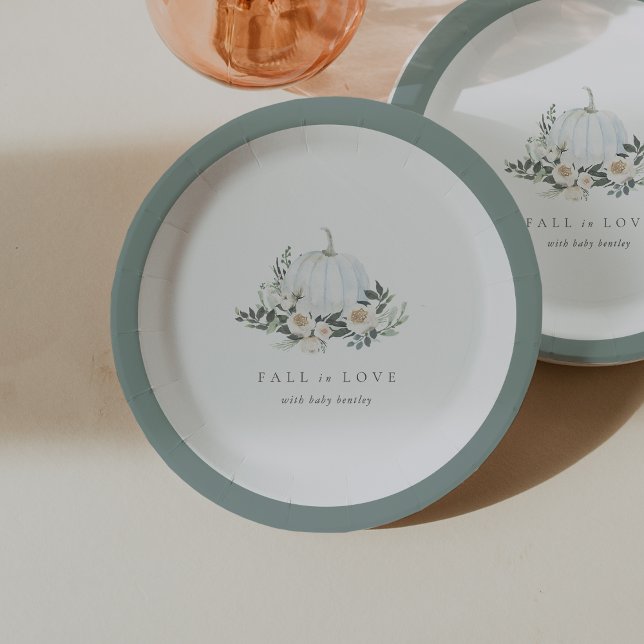 White Autumn Pumpkin Greenery Baby Shower Paper Plates (Creator Uploaded)