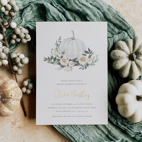 White Autumn Pumpkin Greenery Bridal Shower Foil Invitation