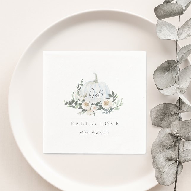 White Autumn Pumpkin Greenery "Fall in Love" Napkins (Creator Uploaded)