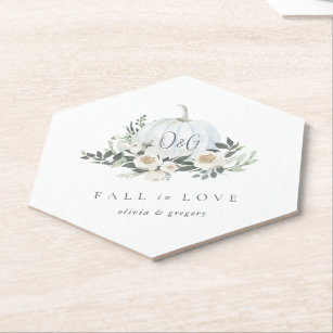 White Autumn Pumpkin Greenery "Fall in Love" Paper Coaster