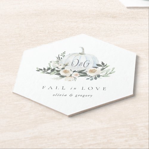 White Autumn Pumpkin Greenery Fall in Love Paper Coaster