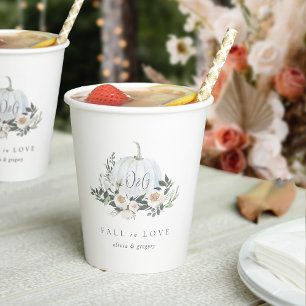 White Autumn Pumpkin Greenery "Fall in Love" Paper Cups