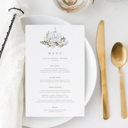 White Autumn Pumpkin Greenery Monogram Event Menu