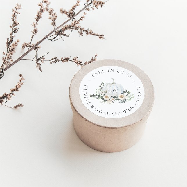 White Autumn Pumpkin Greenery Monogram Favor Classic Round Sticker (Creator Uploaded)