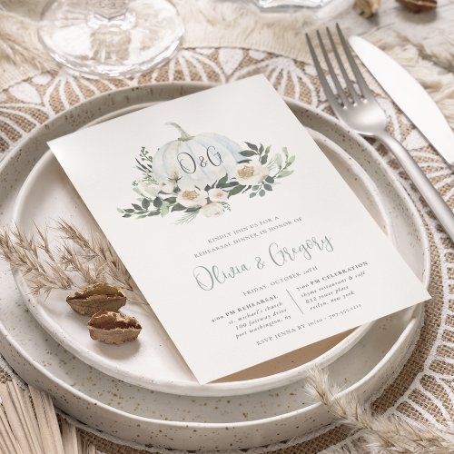 White Autumn Pumpkin Greenery Rehearsal Dinner Invitation