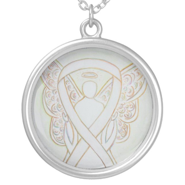 White Awareness Ribbon Angel Jewelry Necklace (Front)