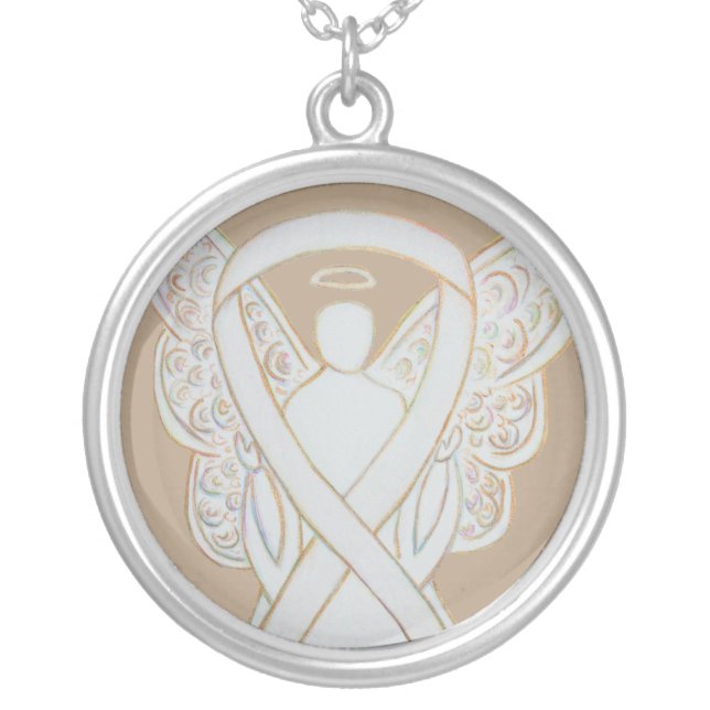 White Awareness Ribbon Angel Jewelry Necklace (Front)