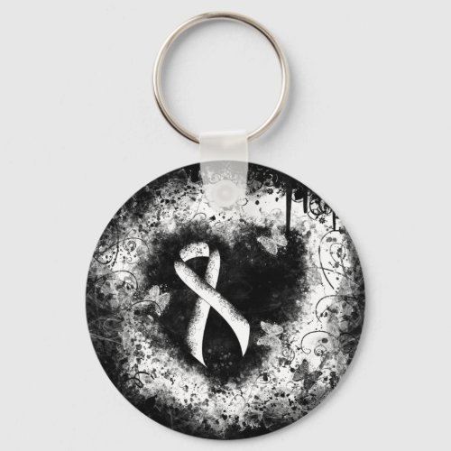 White Awareness Ribbon Grunge Heart Keychain