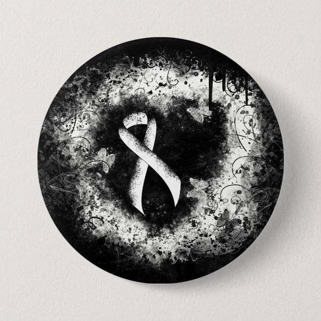 White Awareness Ribbon Grunge Heart Pinback Button (Front)