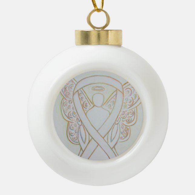 White Awareness Ribbon Guardian Angel Ornaments (Front)