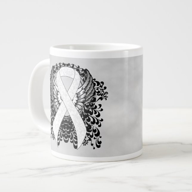 White Awareness Ribbon with Wings Giant Coffee Mug (Front Left)