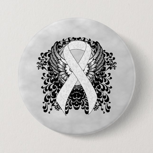 White Awareness Ribbon with Wings Pinback Button (Front)