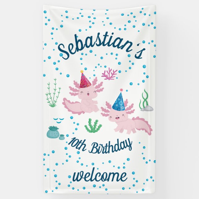 White Axolotl Birthday Party Banner (Vertical)