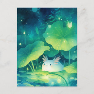 White Axolotl in Magical Night Lily Pond Postcard