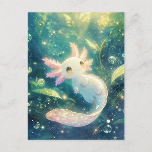 White Axolotl Swimming in Magical Water Garden Postcard