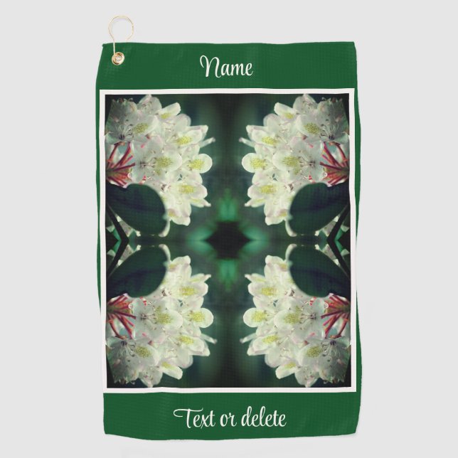 White Azalea Flower Raindrops Personalized Golf Towel (Front)