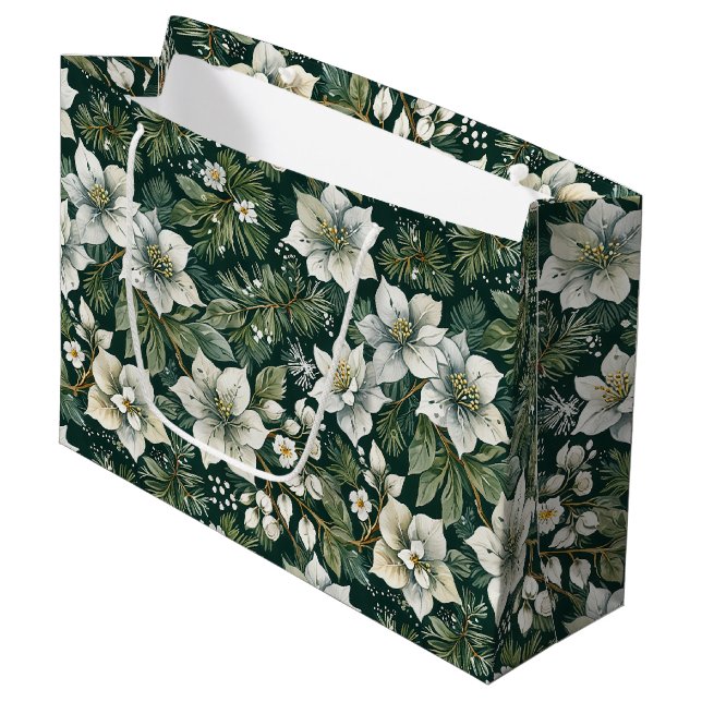 White Azaleas and Evergreens Holiday Large Gift Bag (Front Angled)