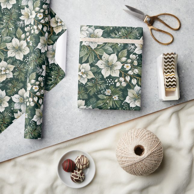 White Azaleas and Evergreens Holiday Wrapping Paper (Crafts)